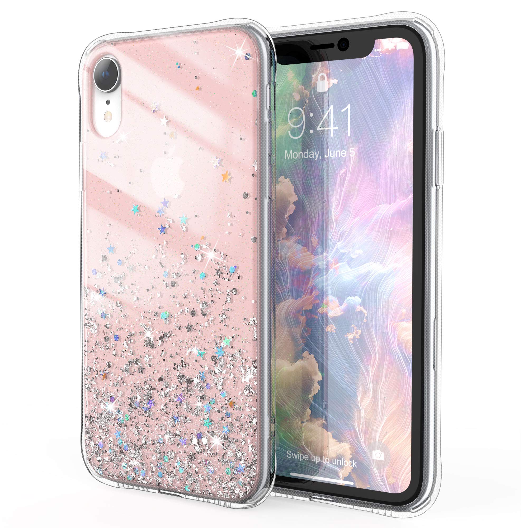 ULAK Compatible with iPhone XR Case Clear Glitter, Soft TPU + Hard PC Back with Sparkle Bling Bling Girls Protective Phone Cover for iPhone XR 6.1 Inch, Pink