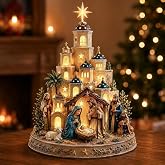 Bethlehem Nativity Church Light Tower, Lighted Holy Family Tabletop Decor | Glowing Church Tower with Star Nativity Figurines in Warm LED Light.Christian Religious Centerpiece for Mantel Shelf Display