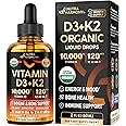 Vitamin D3 K2 USDA Organic Drops - Vitamin D3 10000 IU & K2 as MK-7 120mcg - Immune & Mood Support, Bone & Teeth Health - Sugar-Free Orange Flavor - Liquid Supplement - Made in USA - 2 FL OZ, 60 Days