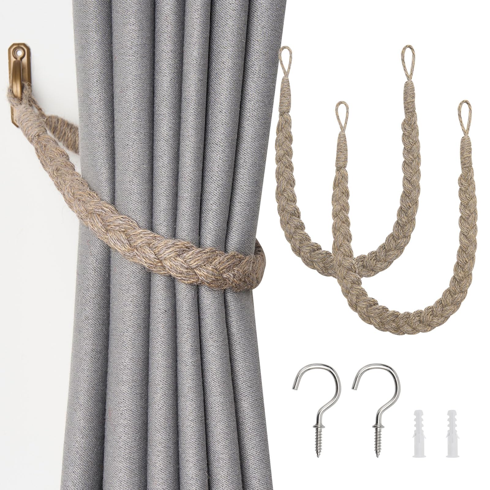 Pretty Jolly 2 Pack Natural Jute Rope Curtain Tiebacks Boho Rustic Style Decorative Drape Tie Backs Elegant Hand-Woven Rope Curtain Holdbacks with Metal Hook for Home & Office Drapery (Jute-Grey)