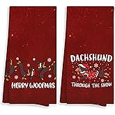 WAITPI Vintage Dachshund Christmas Dog Kitchen Towels Set of 2 Decor Gifts for Women Dog Lovers, Merry Woofmas Snow Snowflake Festive Decorative Dish Hand Towels for Bathroom 16x24 Inch