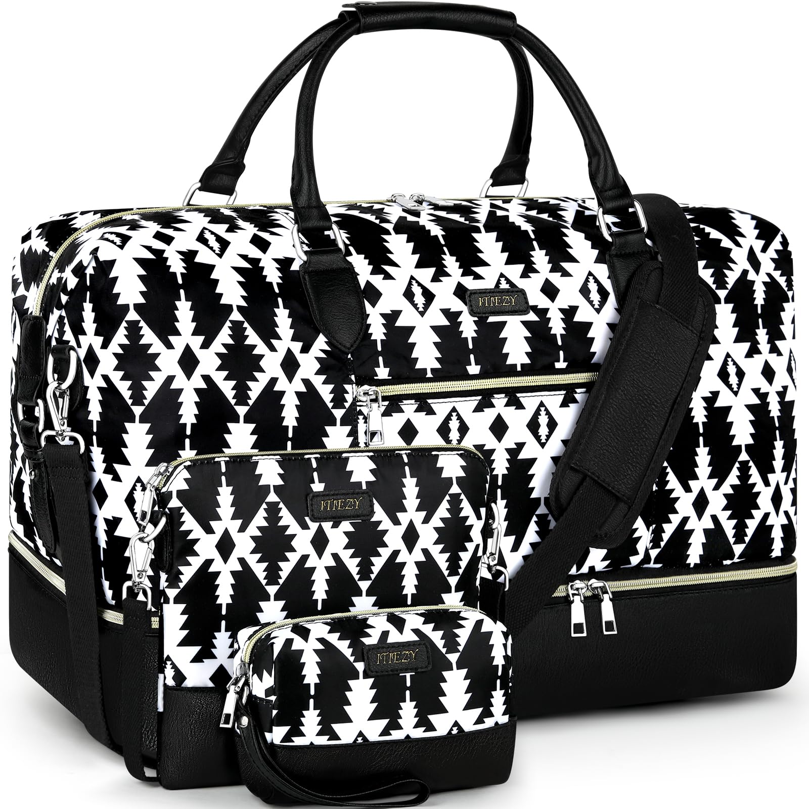 Women's 3-Piece Waterproof Travel Duffel Set - Weekender Overnight Bag with Shoe Compartment, Carry-On Tote & Toiletry Bag for Gym, Business Trip, Weekend Getaways Image