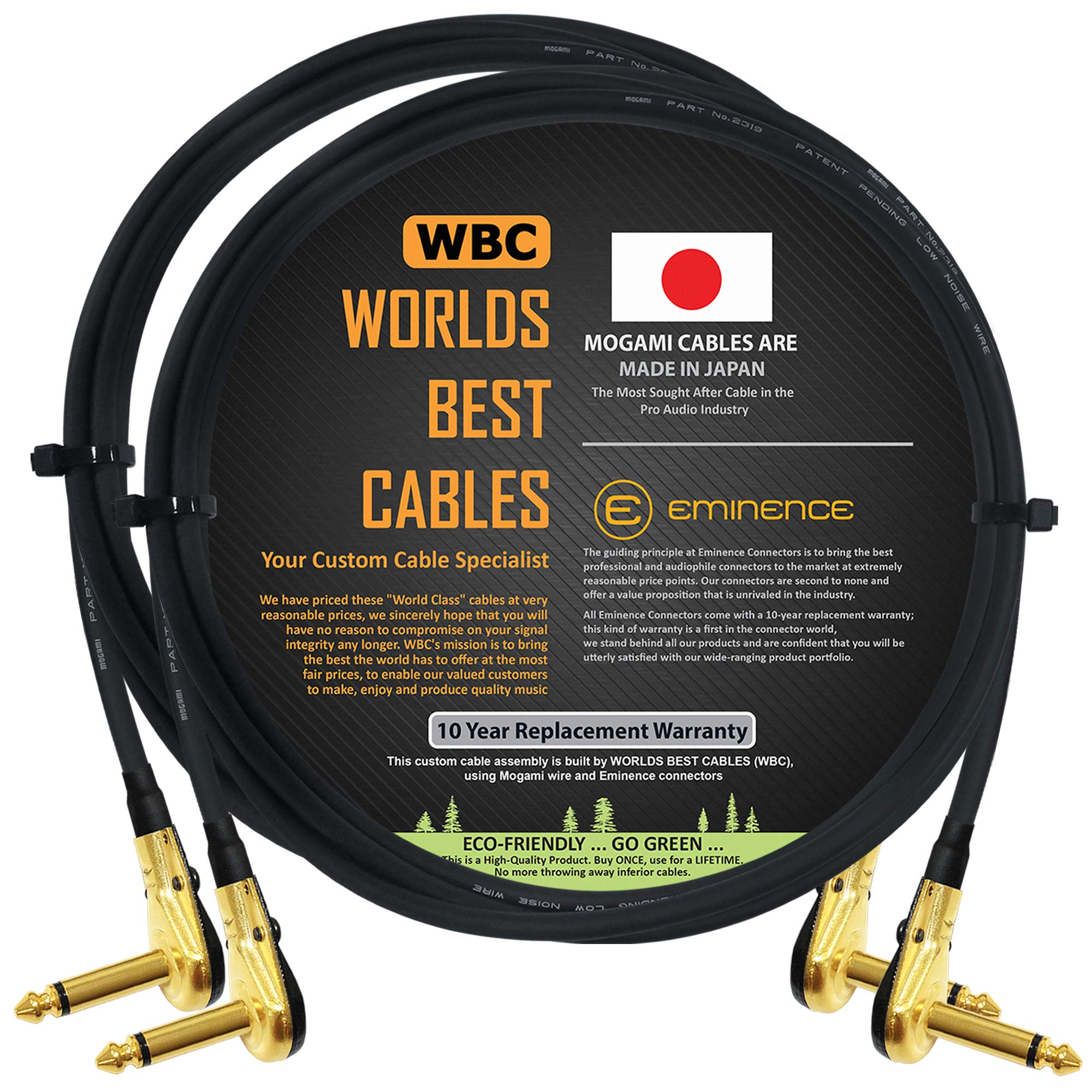 2 Units -Mogami 2319-60 cm (2 Foot) -Instrument Effects Patch Cable With Gold Plated, Low-Profile, Right Angled Pancake Type TS (6.35mm) Connectors