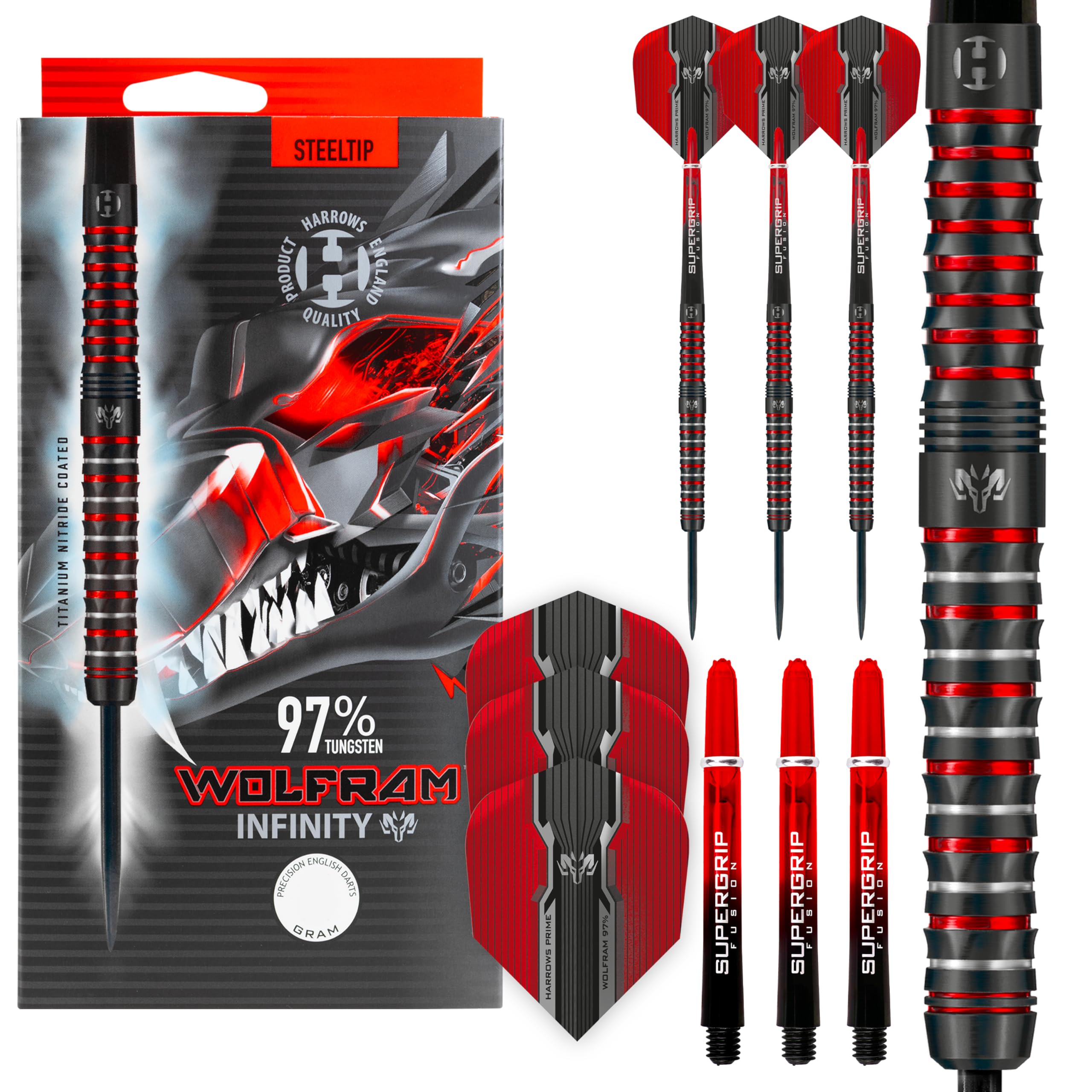 Harrows Wolfram Infinity Steel Tip Tungsten Darts Set – 90% Tungsten – 21g, 22g, 23g, 24g, 25g, 26g – Includes Supergrip Fusion Shafts & Prime Flights (23g)