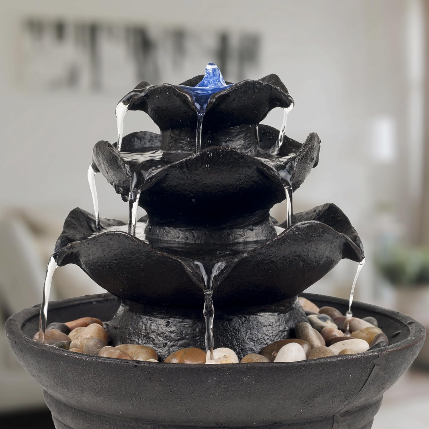 Indoor Water Fountain With LED Lights- Lighted Three Tier Soothing Cascading Tabletop Fountain With Rocks for Office and Home Décor By Pure Garden: Home & Kitchen