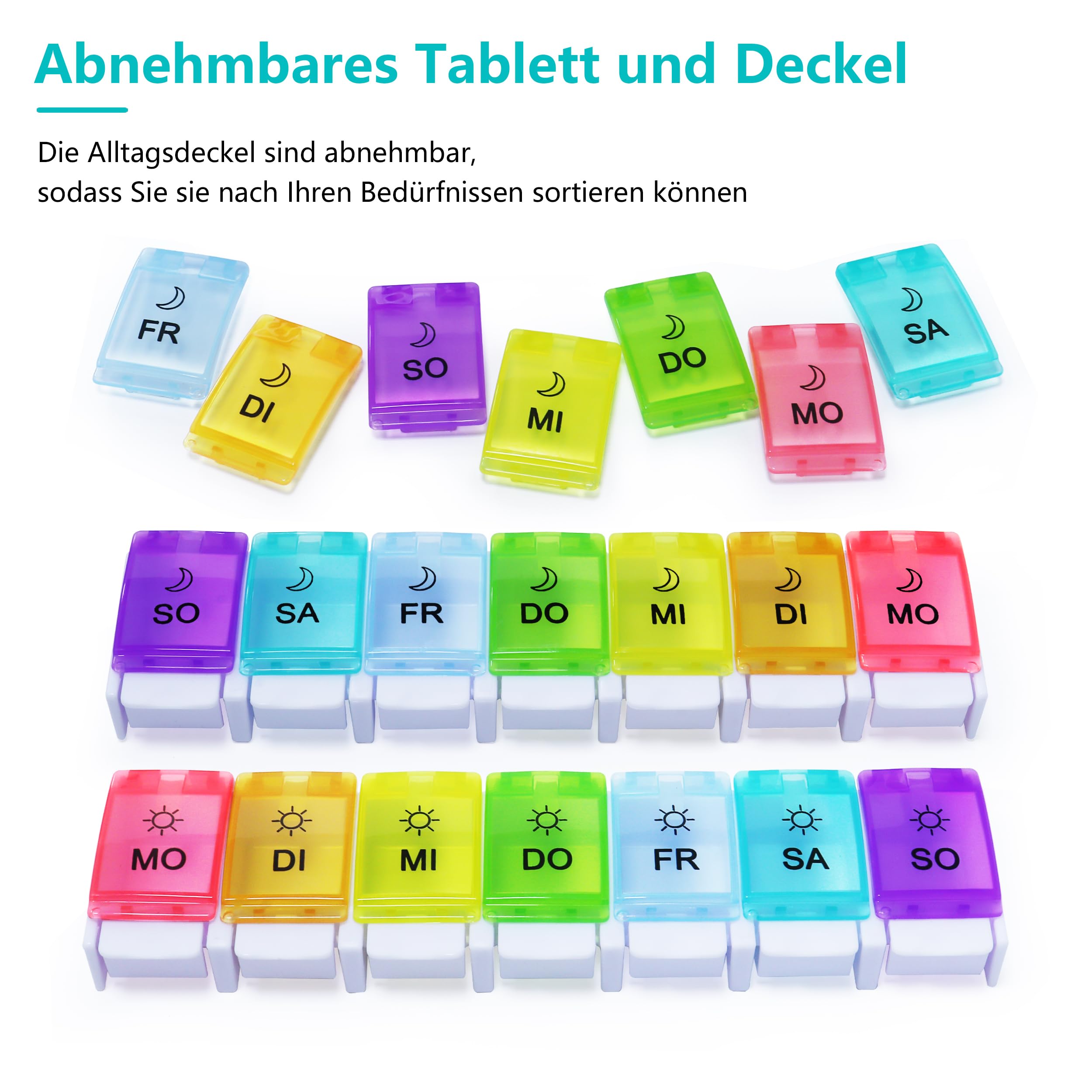 MOLN HYMY Medikamentenbox 7 Tage 2 Fächer, Pillendose Morgens Abends, Große Kapazität, BPA-frei, 14 Fächer, Druckknopf (Regenbogen) 5