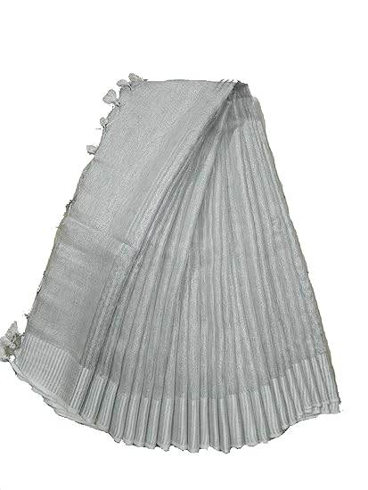 Women's Attractive Tissue Linen Saree with Running Blouse (Silver)