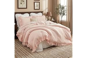 Pink Ruffled Comforter Set Queen Size, 3PCS Soft Washed Microfiber Lightweight & Fluffy All-Season Bedding Comforter with Vin