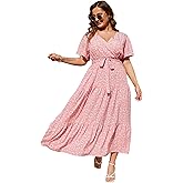 KOJOOIN Women Plus Size V Neck Wrap Maxi Dress Short Sleeves High Waist Ruffle Summer Casual Dress with Belt