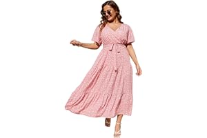 KOJOOIN Women Plus Size V Neck Wrap Maxi Dress Short Sleeves High Waist Ruffle Summer Casual Dress with Belt