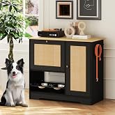 Rovibek Dog Food Storage Cabinet with 2 Raised Dog Bowls and Storage | Pet Food Cabinet Feeding Station and Dogs Food Storage Organizer with 3 Hooks for Living Room