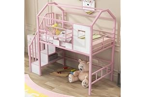 Favfurish Twin Size Metal Loft Bed with roof Design and a Storage Box,House Shaped Stairway Metal Bedframe w/Guardrail & Roof Design, for Kids Boys Girls Bedroom, Pink