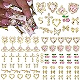 Pizadix 110 Pcs Gold Pink Nail Charms Y2K with Heart, Cherries, Bows, Butterflies, Guns, Crosses, Dollars