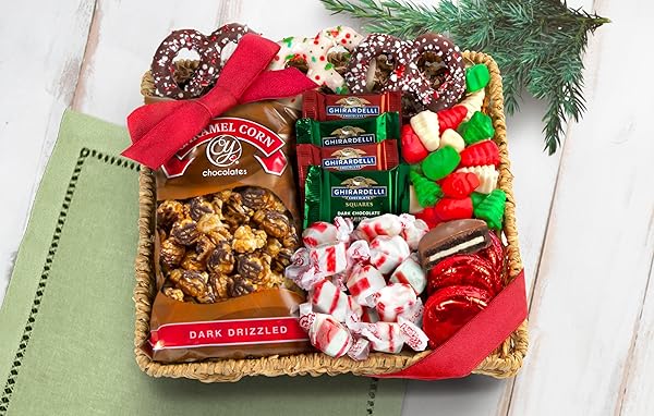 A GIFT INSIDE HOLIDAY CLASSIC CHOCOLATE, CANDY & CRUNCH GIFT BASKET WITH HANDMADE CHOCOLATES, GHIRARDELLI, CARAMEL CORN FOR GOURMET CHRISTMAS FOOD GIFT