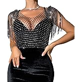 RARITYUS Women Sparkle Rhinestone Mesh Crop Top Sexy Fringe Shoulder T Shirt Hollow Out Crystal Tank Tops Party Clubwear