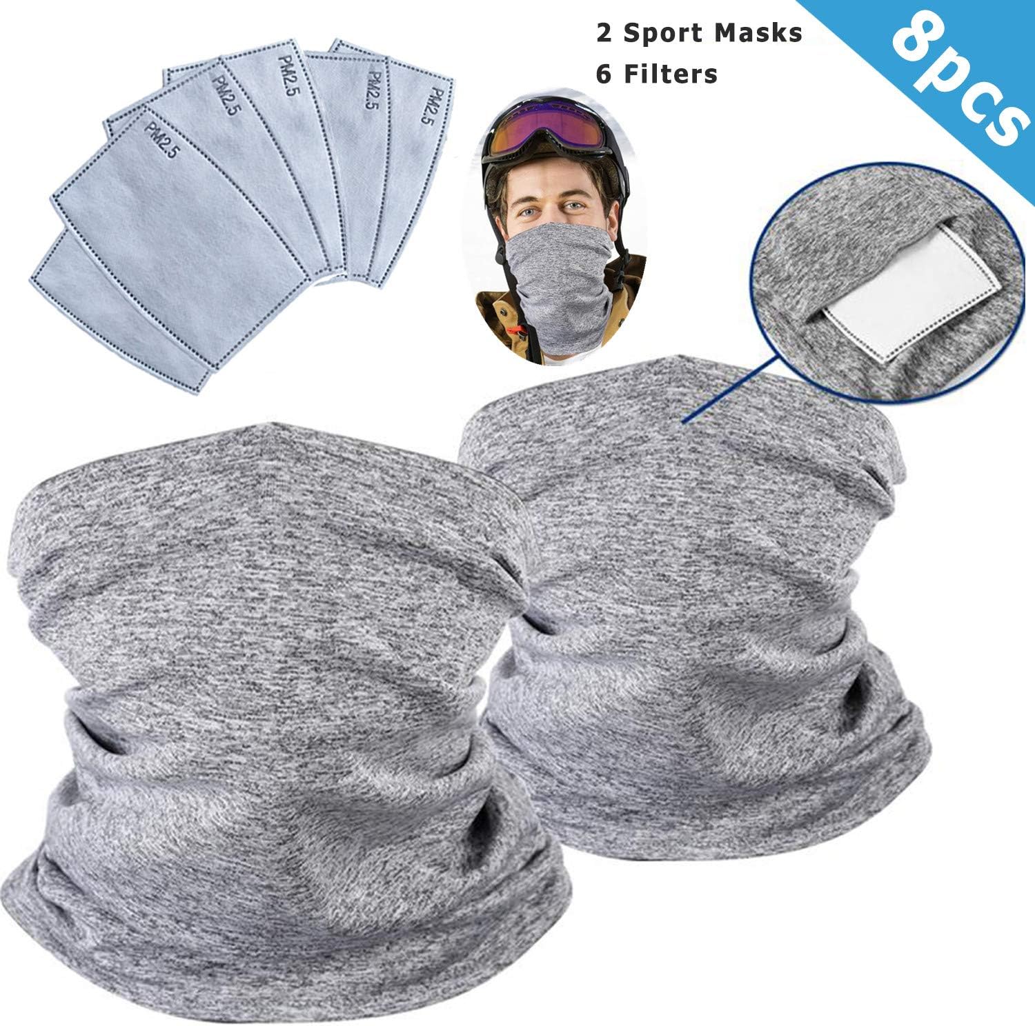 Dust Face Mask - 2 Pack Anti Air Pollution Smoke Cold Face Scarf Dust Mask with 6pcs PM2.5 Air Filter, Reusable Face Scarf Mask for Sport,Outdoor,Fishing,Cycling Grey