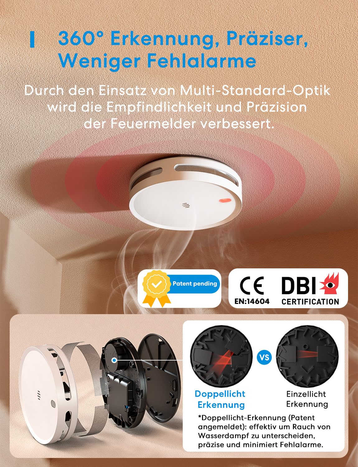 Meross Matter Rauchmelder vernetzt, Smart Feuermelder WLAN mit Dual-Lichtsensor, Brandmelder mit APP Warnmeldung, Kompatibel mit Home Assistant, HomeKit, Alexa, Google, 33 mm, mit MSH450 Hub, 3 Stück 2