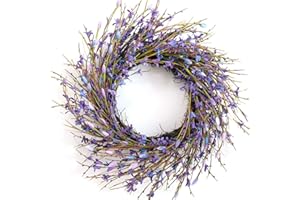 Bibelot 18inch Artificial Forsythia Flower Wreath, All Year Around Wreath for Front Door, Wedding Window Home Wall Indoor Front Door Decor (Purple, 18in)
