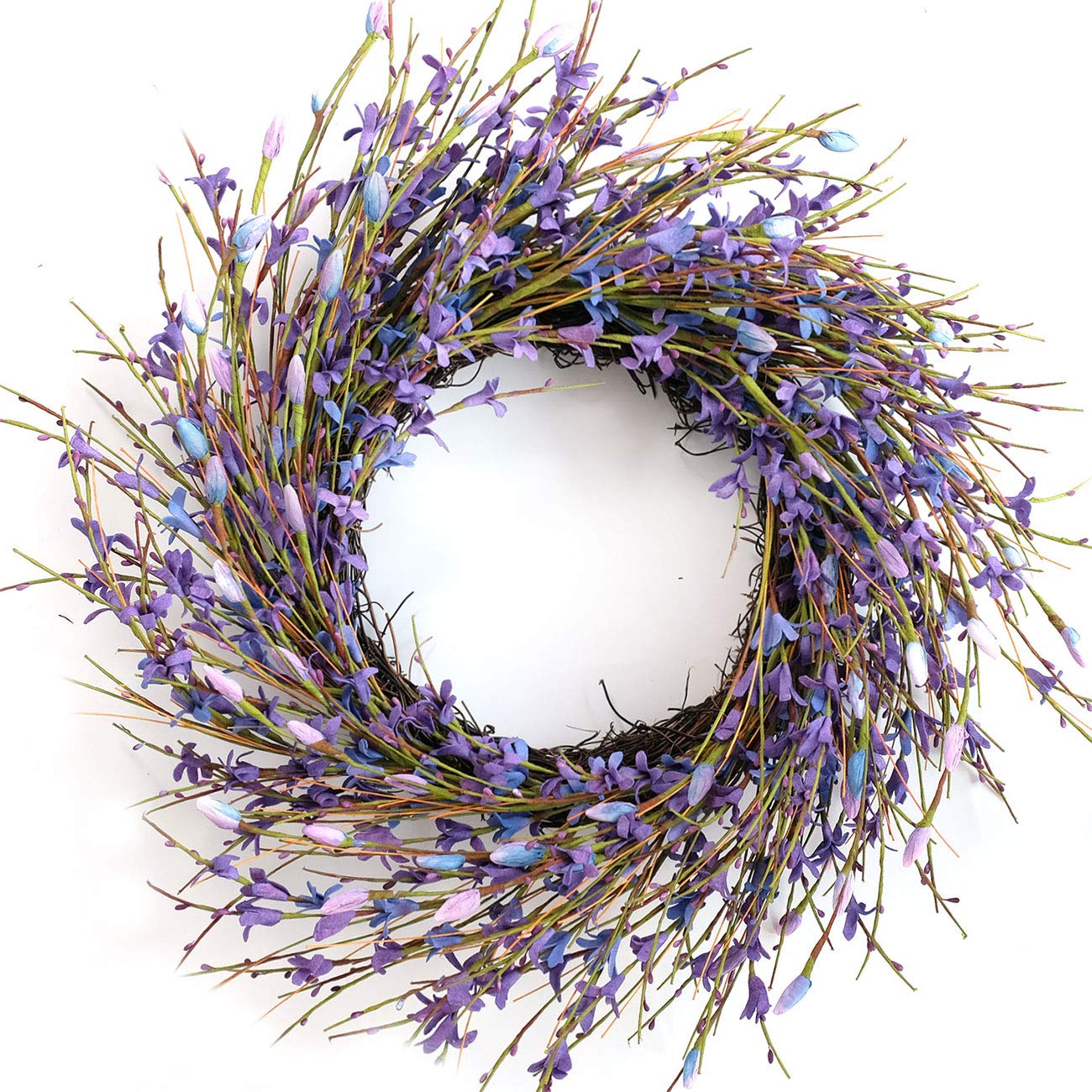 Bibelot 18inch Artificial Forsythia Flower Wreath, All Year Around Wreath for Front Door, Wedding Window Home Wall Indoor Front Door Decor (Purple, 18in)