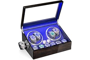 ANWBROAD Watch Winder for Automatic Watches 4 Watch Rotator and 6 Extra Storages with Super Quiet Motor LED Backlight Watch T