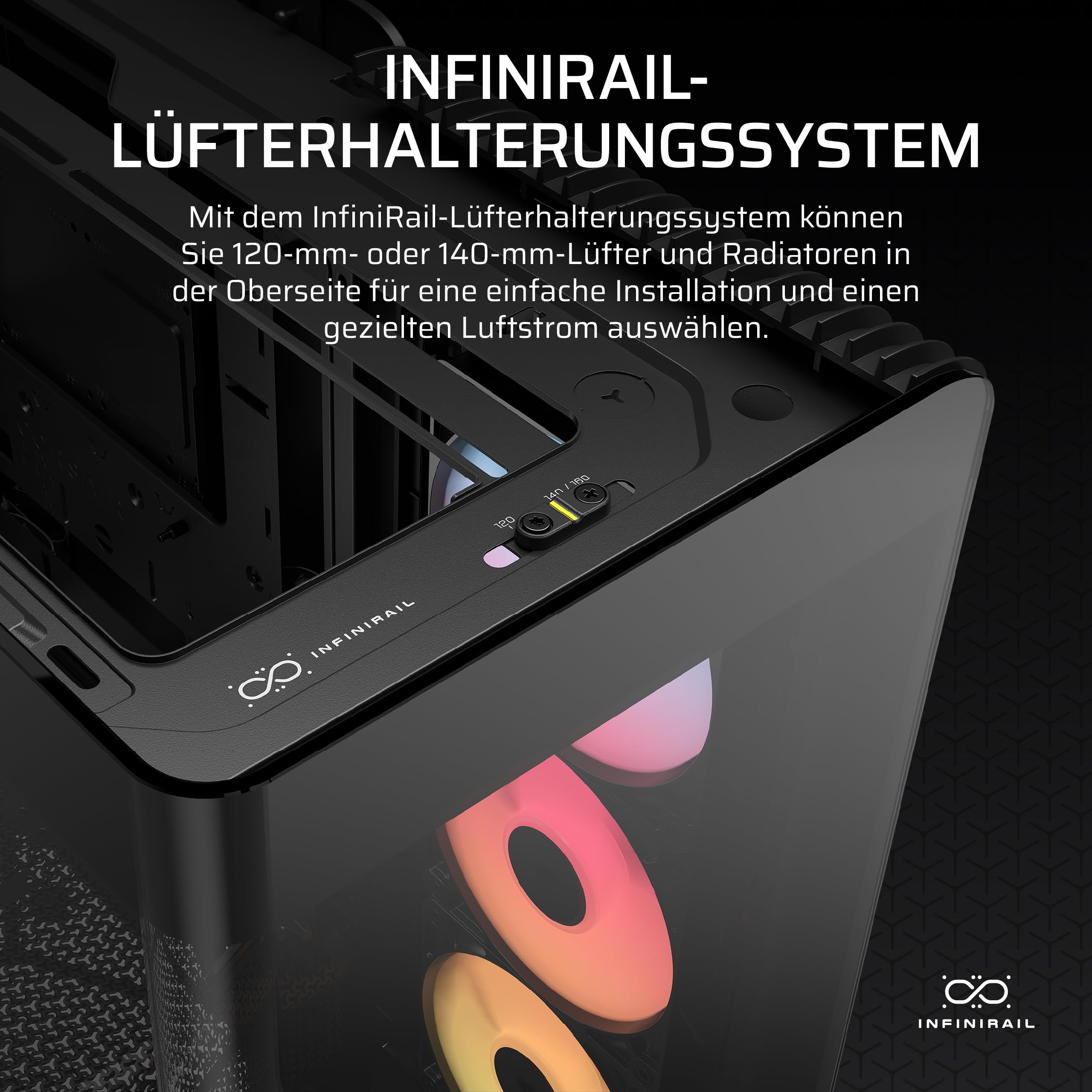 CORSAIR Frame 4500X RS-R ARGB Panoramaglas Mid-Tower-PC-Gehäuse – InfiniRail Lüftermontagesystem, Passend für Zwei 360 mm Radiatoren, GPU Anti-Sag, Enthält 3X RS120R RGB LINK Lüfter – Schwarz 6