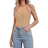 Ziesexy Striped Shirt Women Ribbed Tank Tops for Women High Neck Tops Racerback Sleveless Summer Casual Slim Fitted Tank