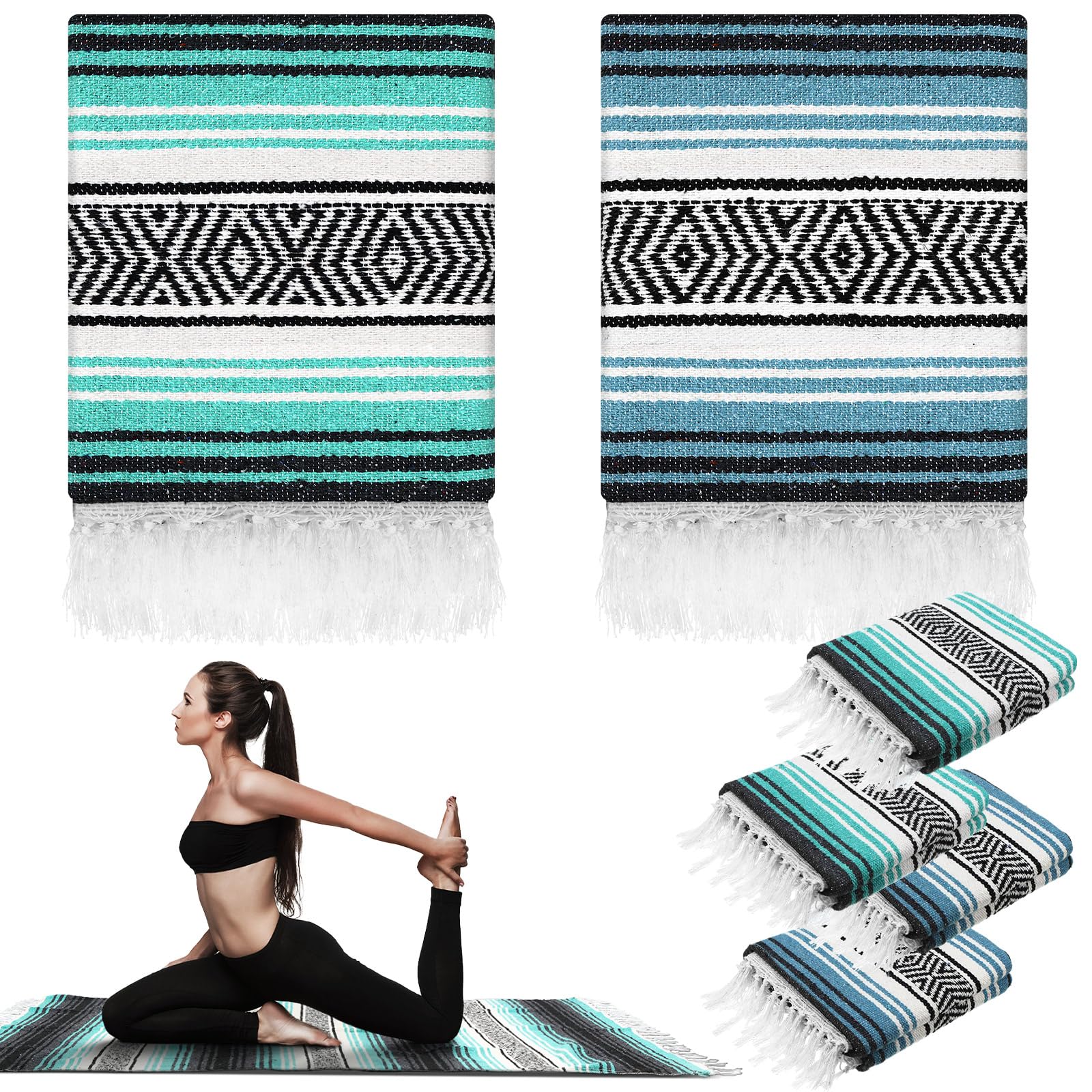 Photo 1 of Preboun 4 Pcs Large Mexican Yoga Blanket Pack 45 x 70 Inch Thick Woven Camping Picnic Beach Car Travel Throw Blanket Outdoor Patio Mat Towel(Sky Blue, Light Green)