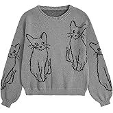 WDIRARA Women's Cartoon Cat Bishop Long Sleeve Round Neck Sweater Drop Shoulder Pullover Tops