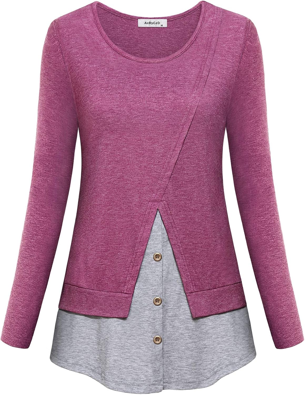 AxByCzD Womens Long Sleeve Button Décor Tunic Color Block Casual Tops