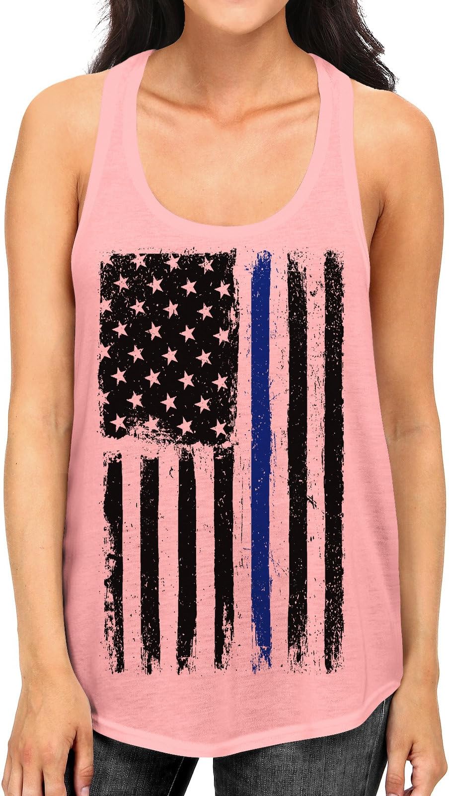 Junior's Blue Lives Matter American Flag Tee B931 PLY Baby Pink Racerback Tank Top