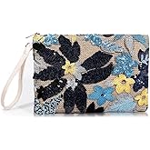 QTKJ Clutch Purses for Women, Straw Bag, Bohemian Handmade Sequin Embroidered Flowers Envelope Package, Leather wristbands, Beach Handbags for Vacation, Travel, Banquet(Black Flower)