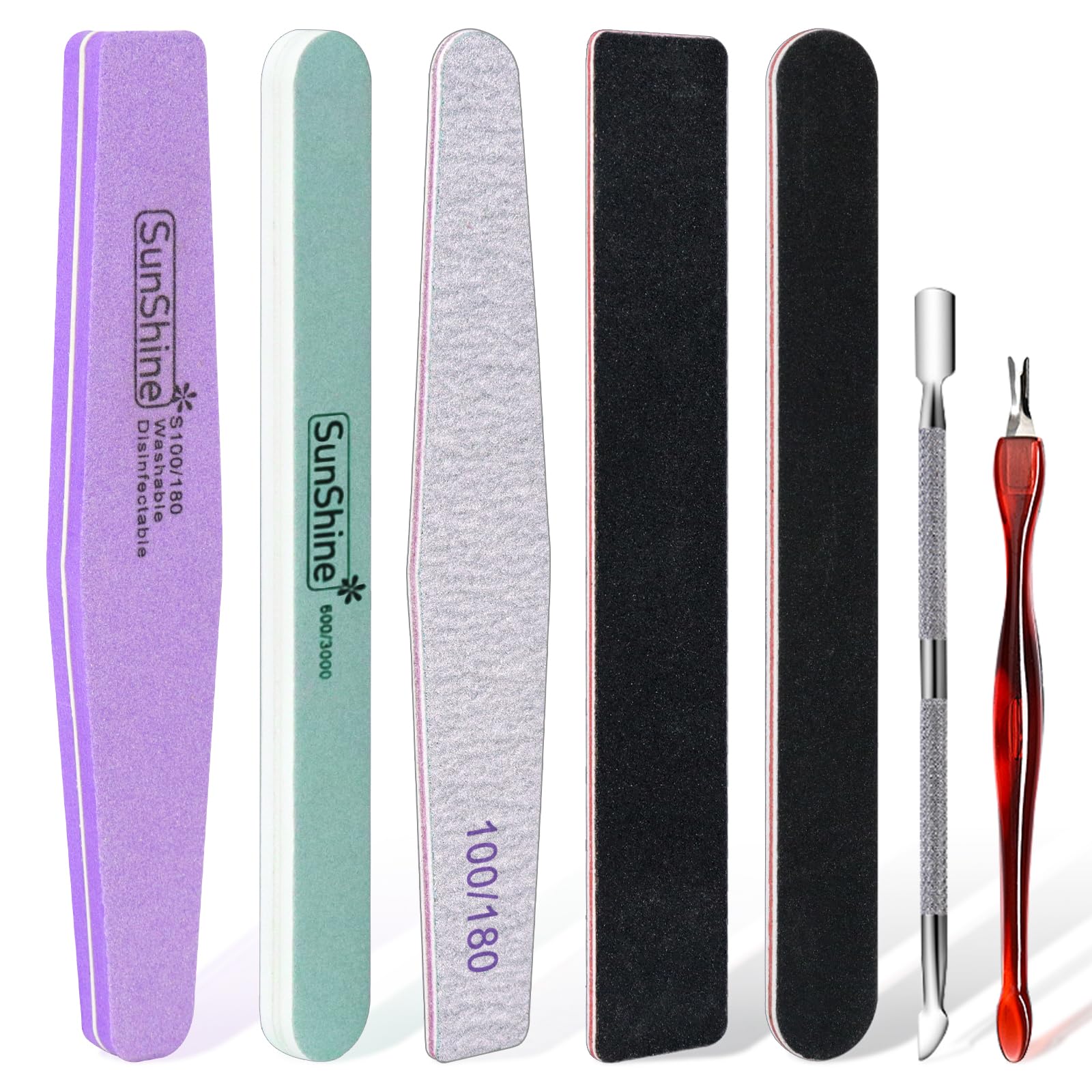 Hanyousheng Nail File,Gel Nail File Set Professional Nail Buffer File Block 7Pcs Nail Polish Remover Tools,Nail Polish Gel Remover Tools Kit Cuticle Pusher Nail Brushes (Sponge Rubbing Random Colors)