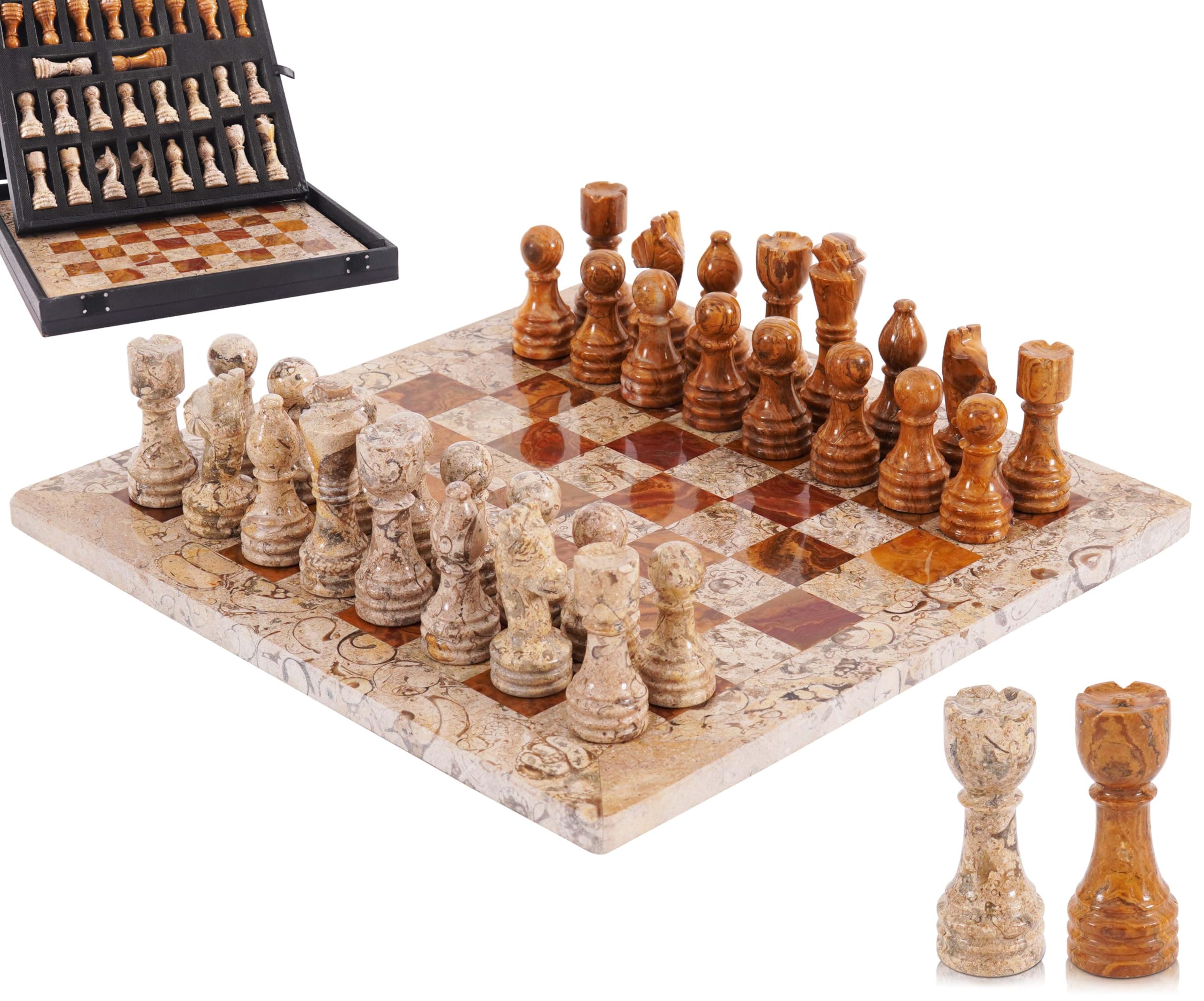 Marble Chess Set 12" Inches Coral & Red Handmade Chess Sets for Adults - Marble Board Game for Family with Storage Box & 2 Extra Queen, Ideal Travel Chess Set & Home Décor — image 1