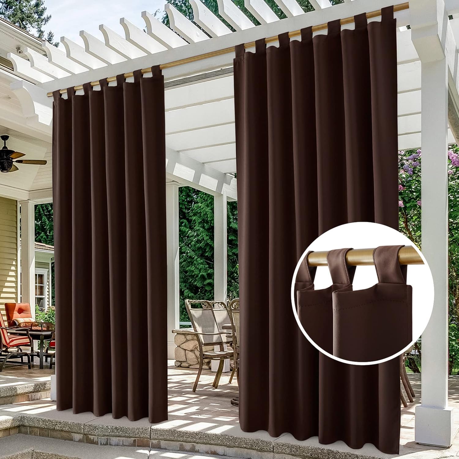 Outdoor Curtains - HOMEIDEAS 2 Panels Tab Top Outdoor Curtains for Patio Waterproof, Chocolate Blackout Outdoor Curtains, 52 X 108 Inch Thermal Insulated Brown Outdoor Patio Curtains for Porch/Pergola/Cabana/Gazebo