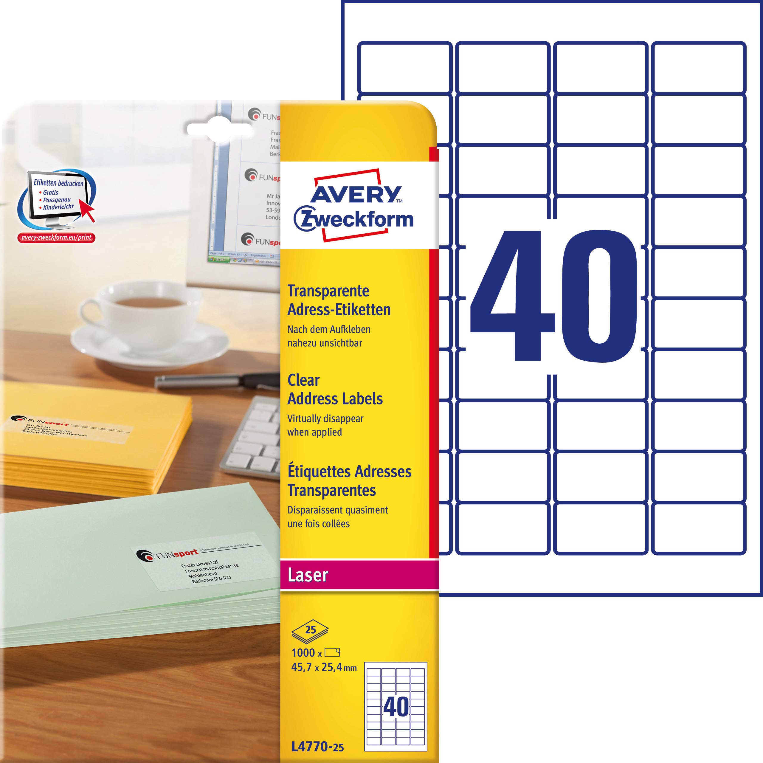 AVERY Zweckform L4770-25 Address Labels Printable Self-Adhesive for C6 Envelopes + Deutsche Post Internet Mark 1000 Labels Transparent 25 Sheets Format 45,7 x 25,4 mm Transparent