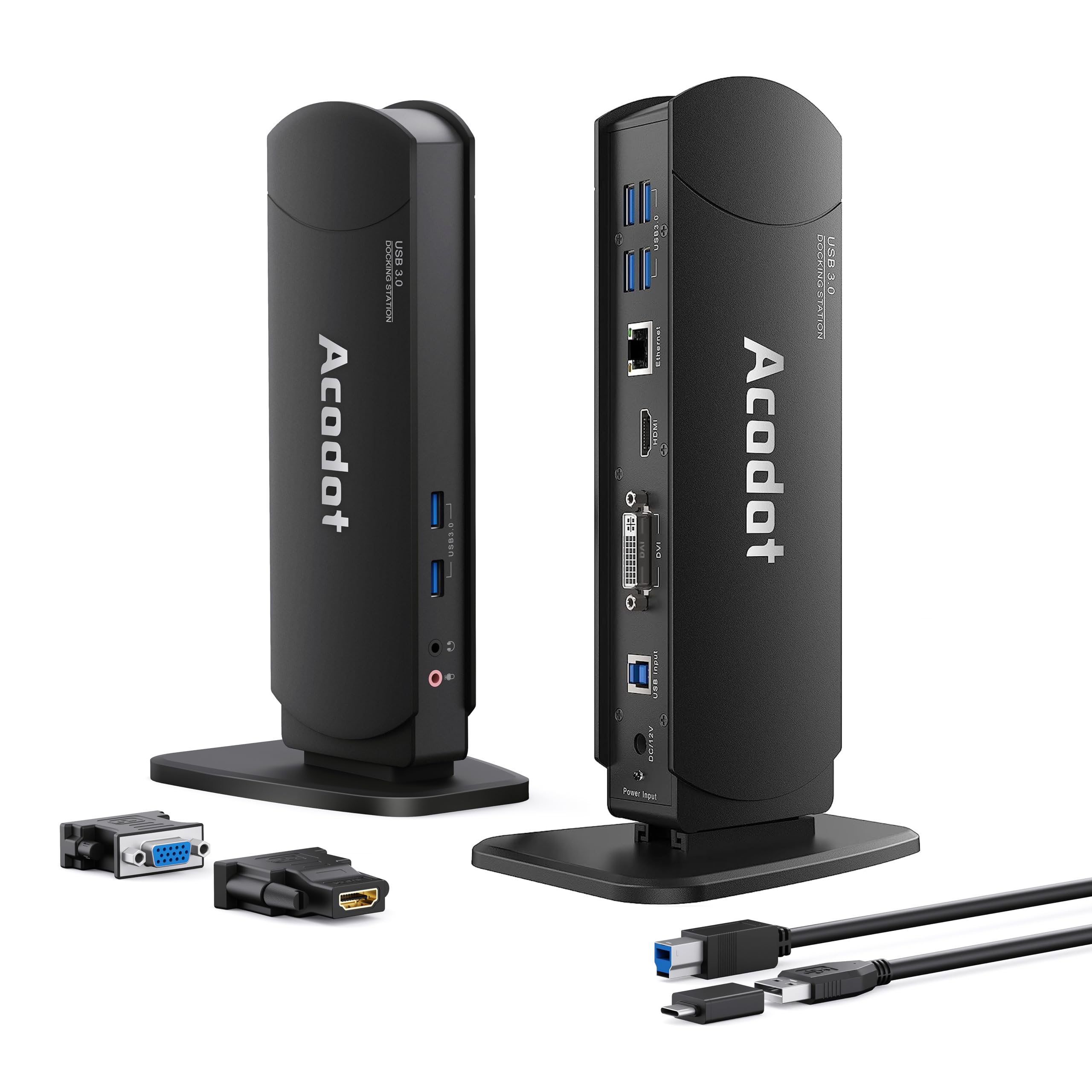 Acodot 13-in-1 USB 3.0 Docking Station for Windows, Dual Monitor HDMI/DVI/VGA, 6 x USB 3.0, Gigabit Ethernet, Audio In/Out, 1440p Single or 1080p Dual Display, DVI-to-VGA & DVI-to-HDMI Adaptors