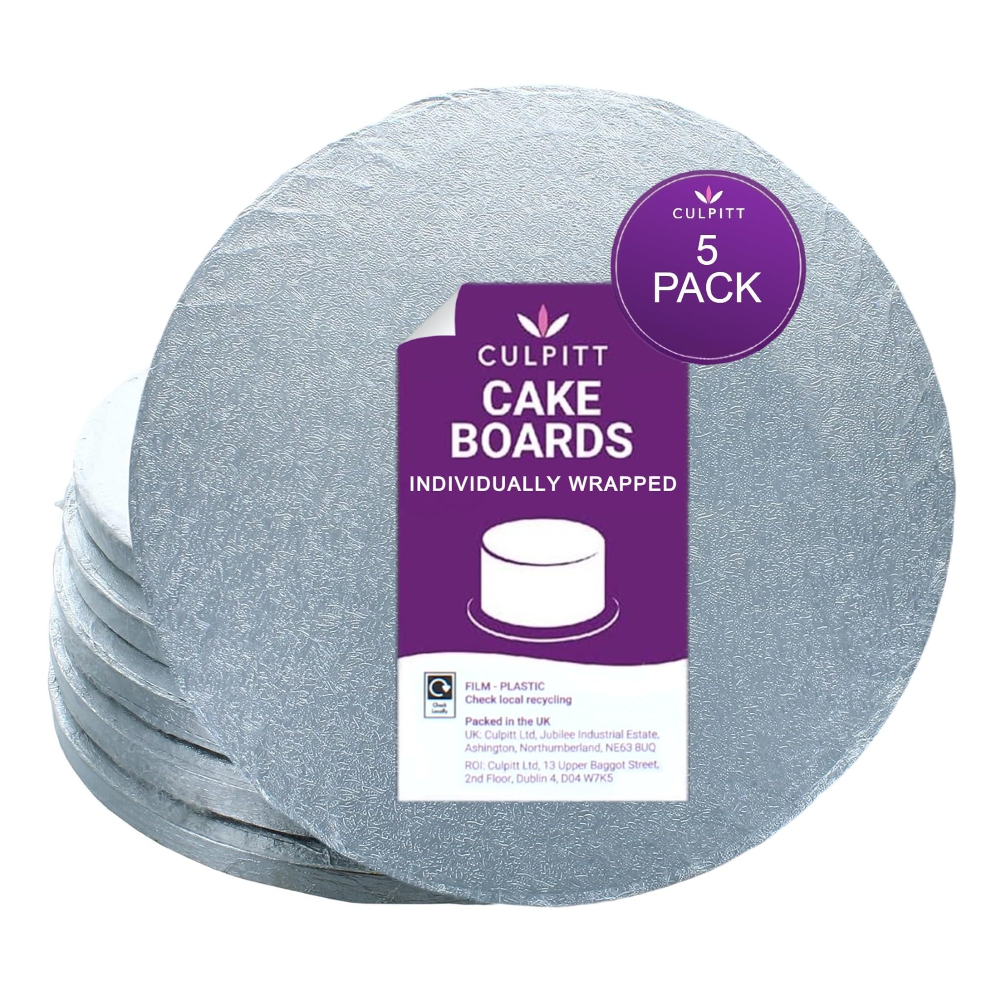 Culpitt 12" Cake Board | 5 Pack | Individually Wrapped Cake Drums, Silver Fern, 12 Inch (304mm) Round, 12mm Thick, (Pack of 5 Boards)