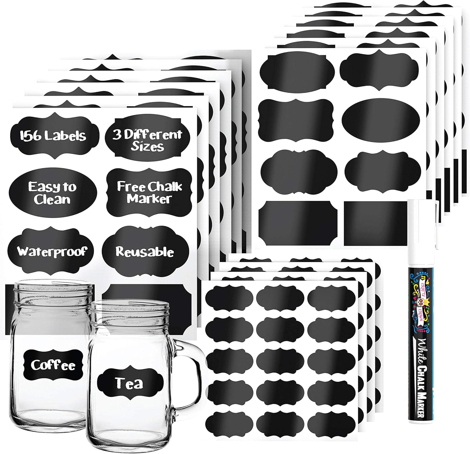 156 Premium Chalkboard Labels with Erasable White Chalk Marker Included - Chalk Board Mason Jar Labels - Removable Blackboard Sticker Label for Jars (3 Sizes) : Office Products