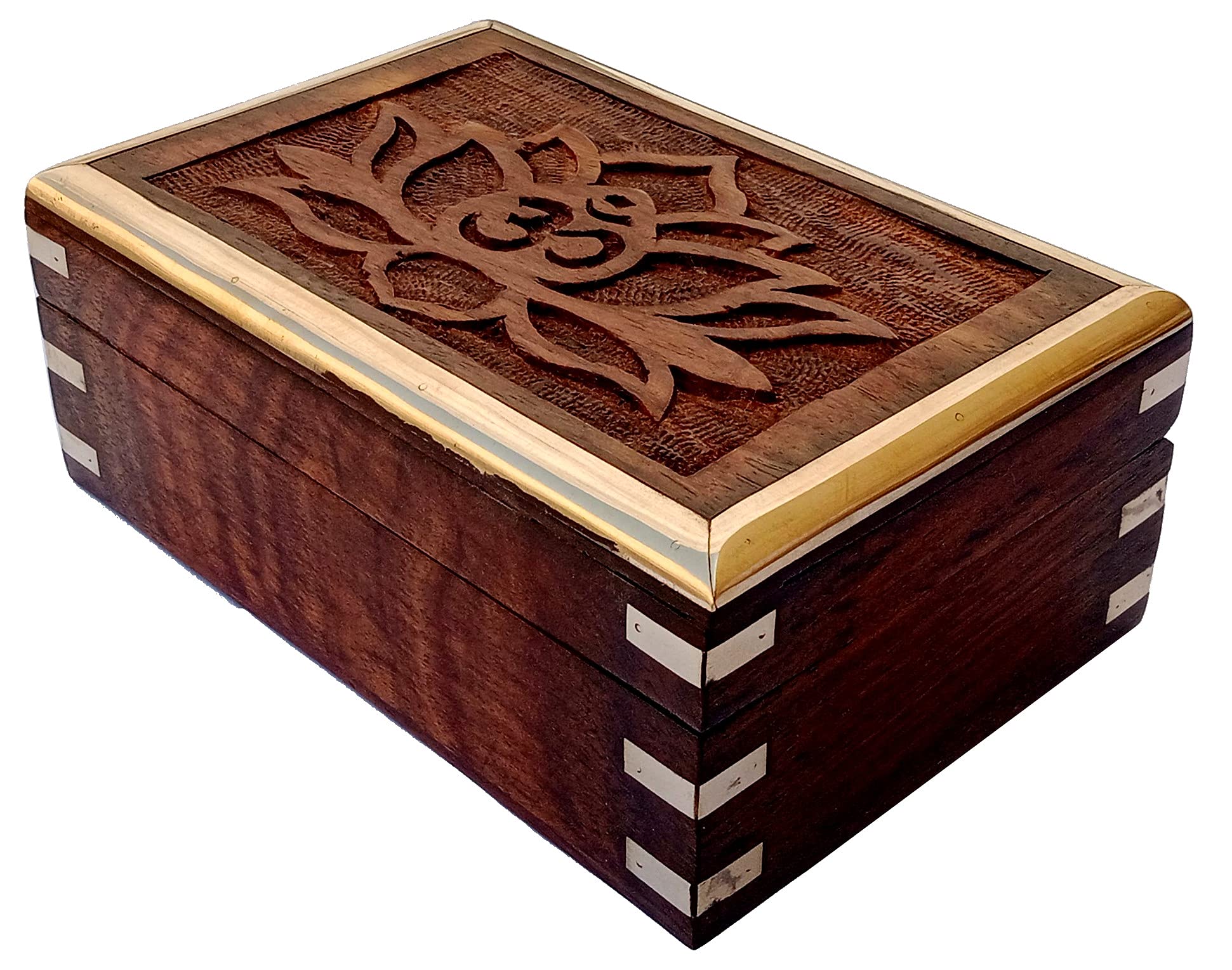 Purpledip Wooden Box: Om Lotus Carving & Brass Fixtures (12335)