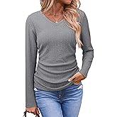 Dokotoo Womens Tops Casual V Neck Long Sleeve Shirts for Women Fashion Solid Ruched Basic Tunics Blouses