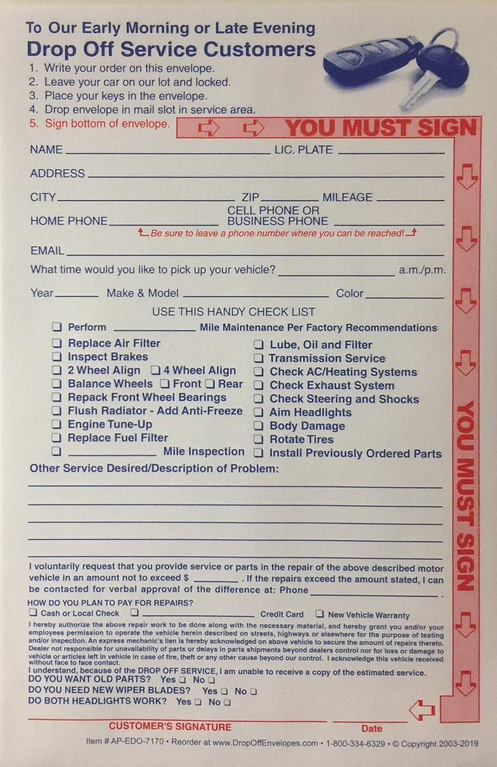 Key Drop Off Envelope For Auto Service Repair Ap Edo 7170 100 Quantity Amazon In Office Products