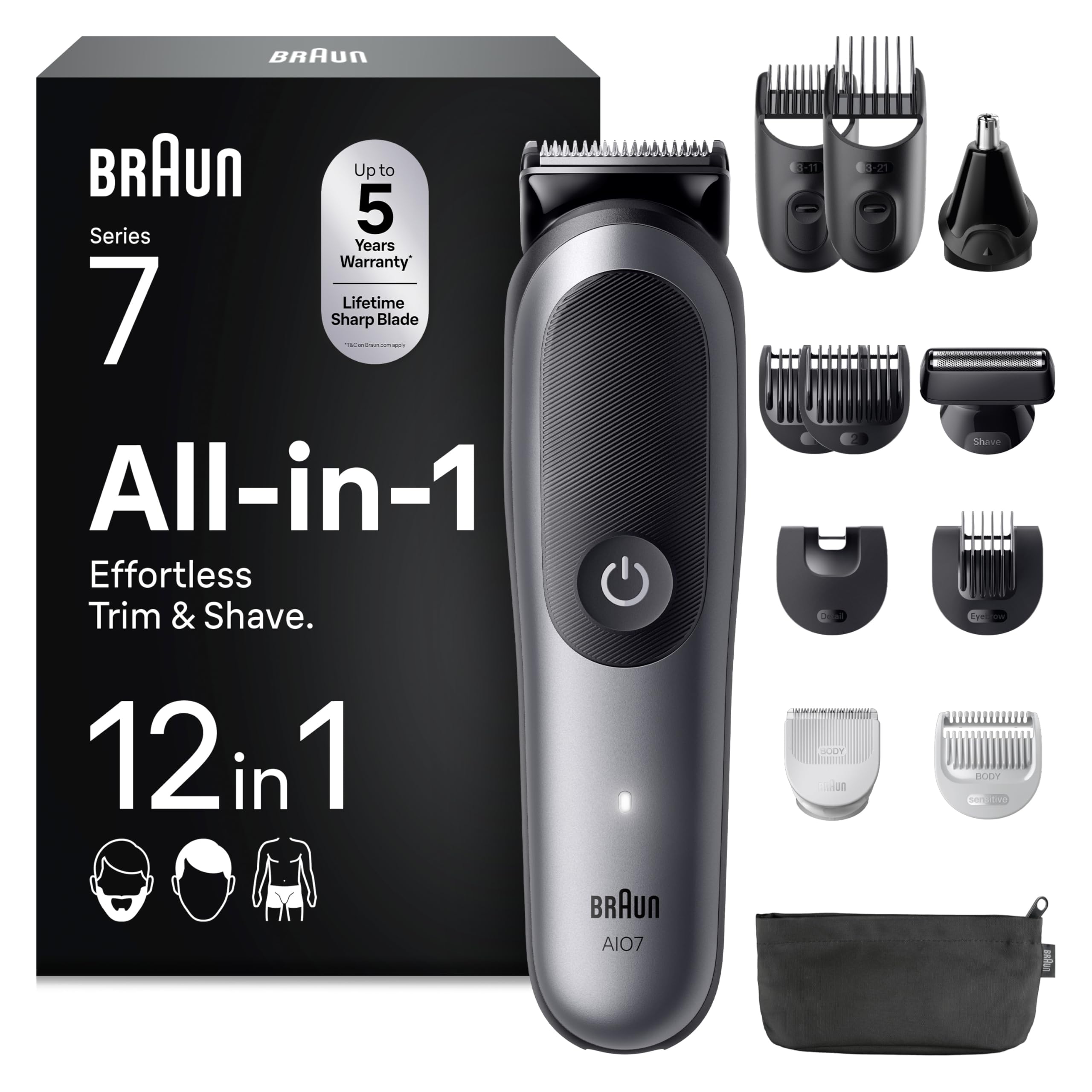 Braun Tondeuse Tout-En-Un Series 7, Kit 12-En-1, Lame ProBlade, Technologie AutoSense, 120 Min D'autonomie, Protection SkinGuard, Barbe En Dégradé, Manche AquaGrip Pratique Sous L'eau, AIO7545, Gris
