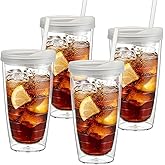KX-WARE 20 Ounce Double Walled Colorful Tabletop Insulated Plastic Tumbler Cup with Lids and Straws, set of 4 Clear