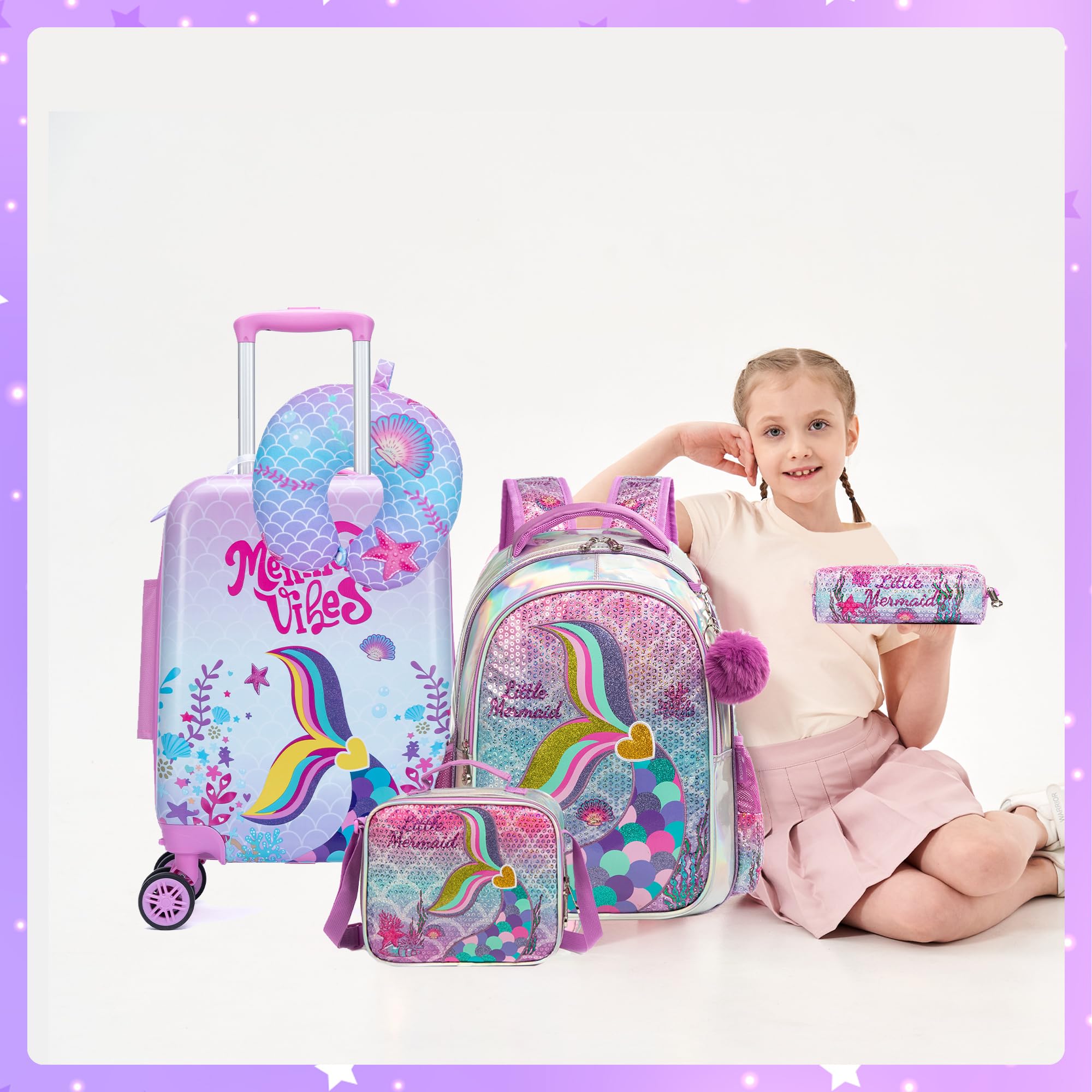 Inprof Cute Pink Mermaid Kid’s Luggage Set 5 Piece Suitcase Set 16’’ Hardside Luggage with Spinner Wheels Girls Boys Carry on Toddler Luggage Travel Rolling Luggage Carry on Luggage Airline Approved