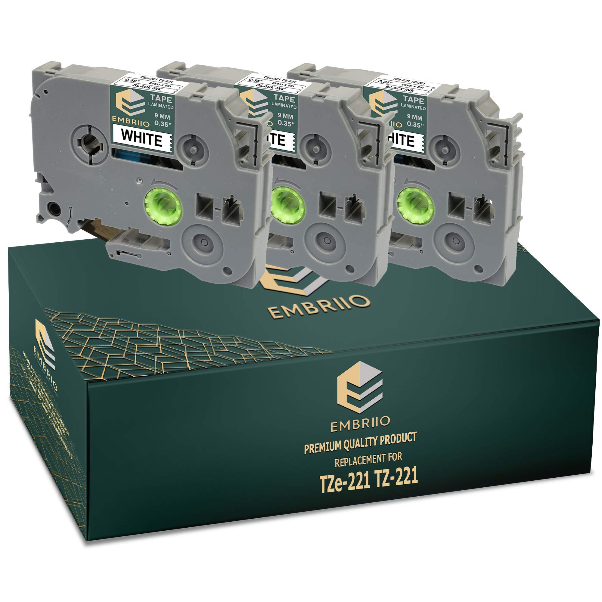 EMBRIIO TZe-221 TZ-221 3 Label Tapes Replacement for Brother P-Touch PT-H110 PT-E550WVP PT-E100 PT-P700 PT-H105 H101C PT-1000 PT-D600VP PT-H100 PT-H100LB | Black on White | 9 mm x 8 m