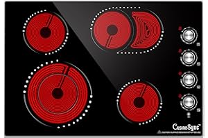 Cusinesync 30 Inch Electric Cooktop 4 Burners, Upgraded 7400W Knob Control Built-in Ceramic Cooktop,Electric Stove Top,9 Heating Level, Chlid Lock Timer, 220V~240V for Hard Wire(No Plug)