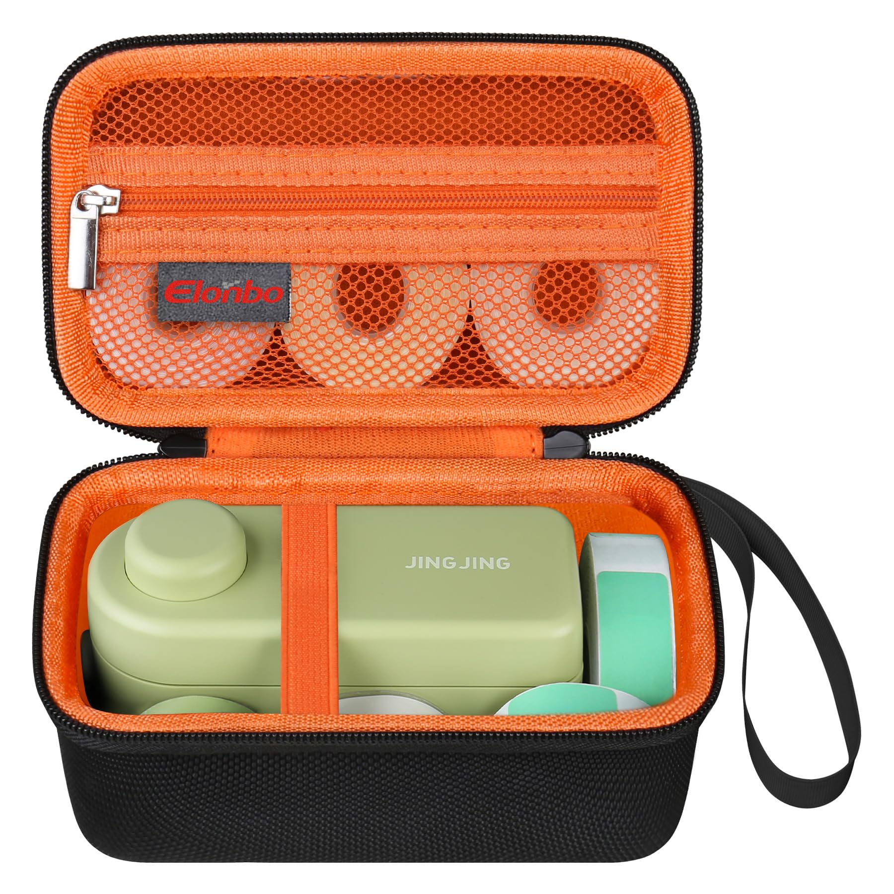 Elonbo Carrying Case for Makeid Label Maker Machine, Makeid L1 Portable Bluetooth Label Printer Handheld Label Printer Storage Holder Bag, Extra Mesh Pocket Fits Label Paper Cable, Black+Orange