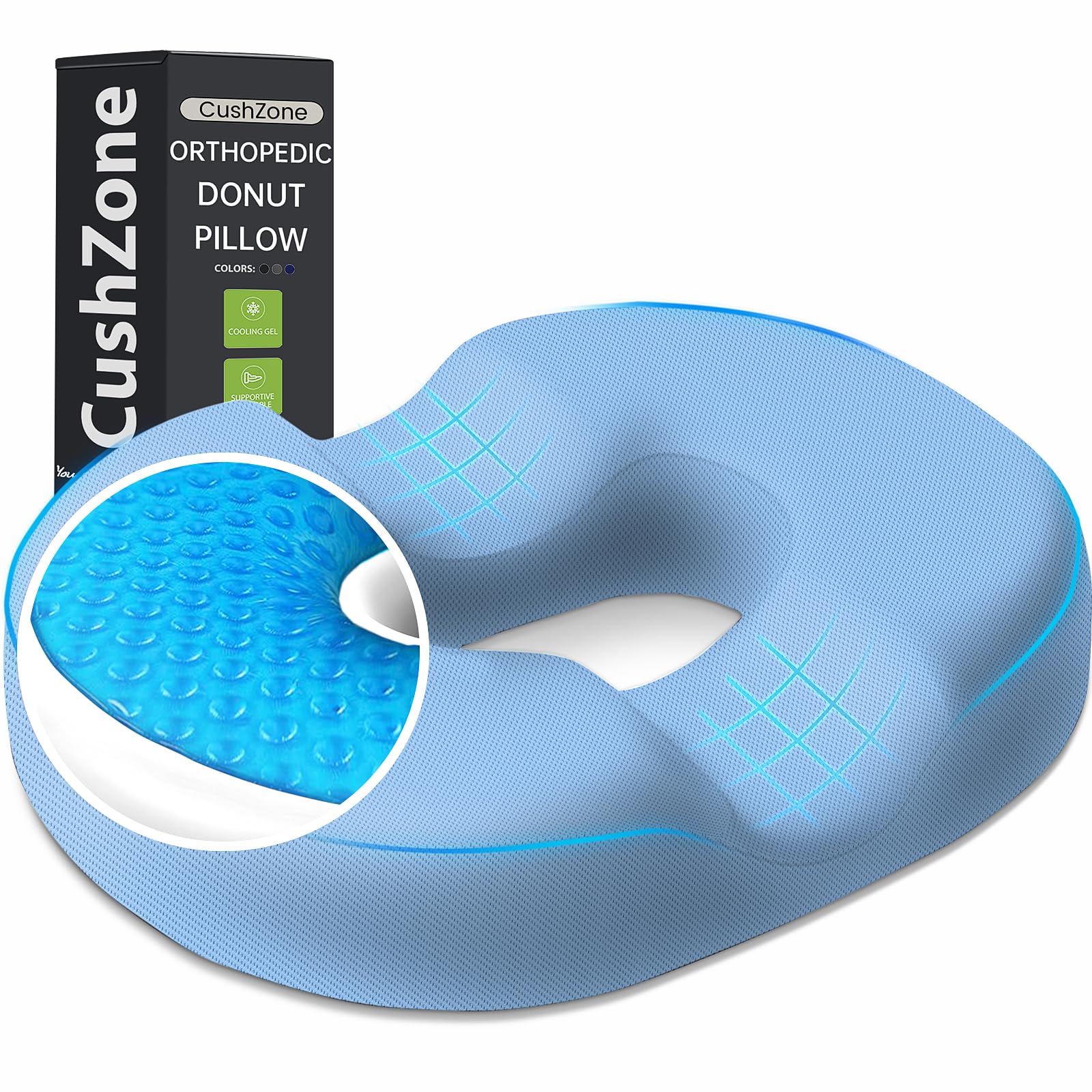 Donut Pillow Seat Cushion - Cooling Gel Stadium Seat Cushion, Memory Foam Chair Cushion for Office and Home, Car Seat Cushion, Hemorrhoids Pillow, Sciatica and Tailbone Pain Relief, Light Blue Image