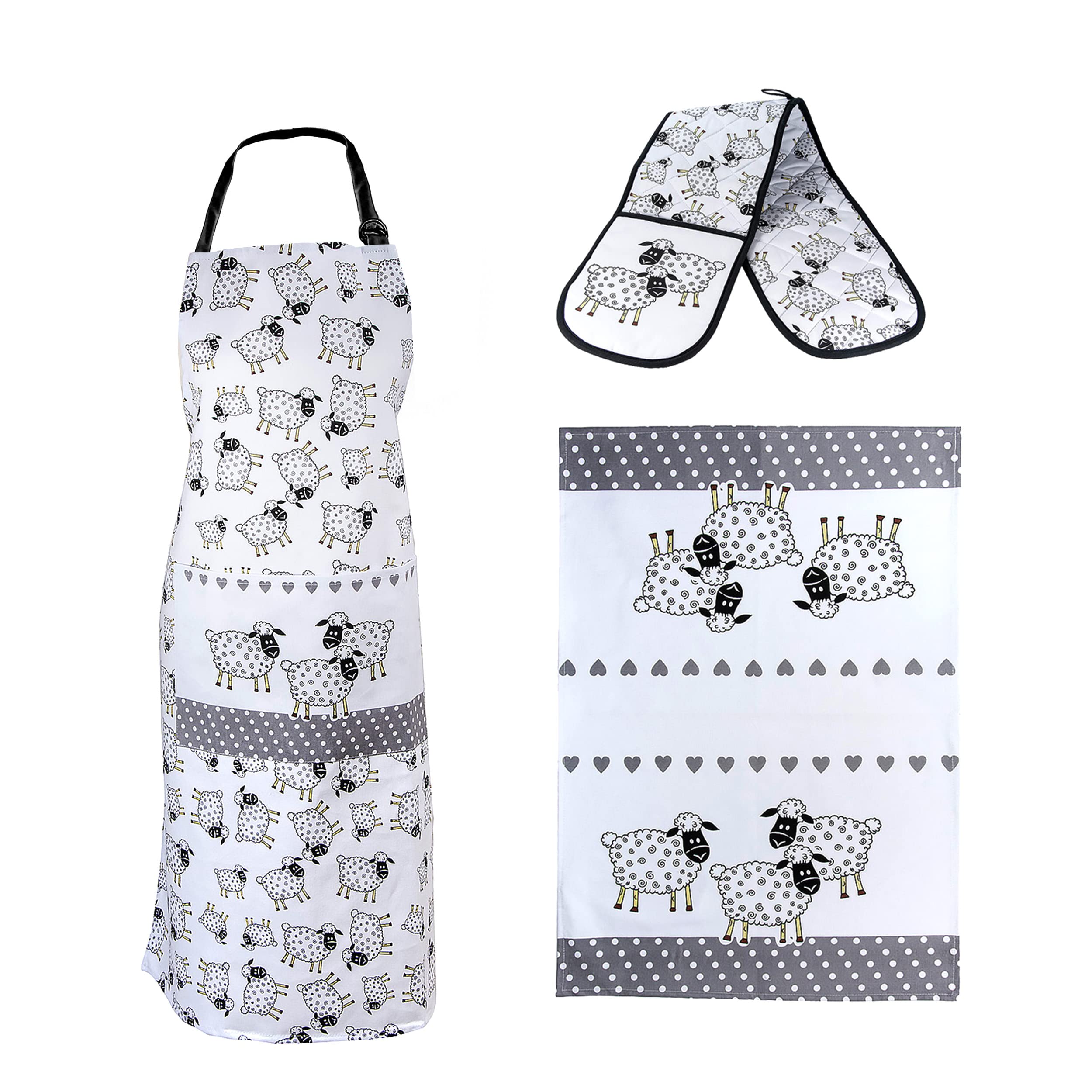 SPOTTED DOG GIFT COMPANY 3 Piece Kitchen Textiles Set - Sheep Apron, Double Oven Gloves & Tea Towel, 100% Cotton, Farm Animal Themed Kitchen Accessories for Cooking & Baking, Sheep Gifts