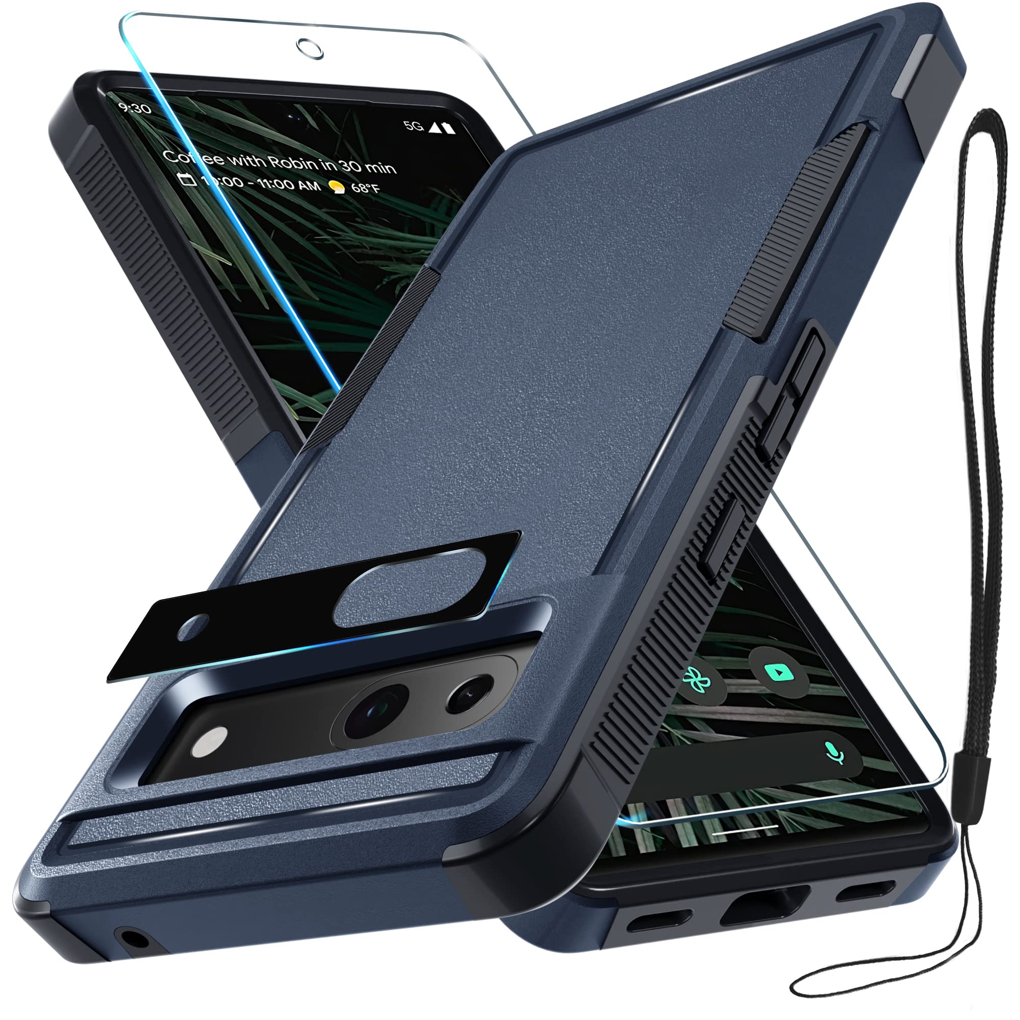 RMOCR Case for Google Pixel 7A, Full Body Heavy Duty Rugged Shockproof Protective Phone Cover with Lanyard Strap, Tempered Glass Screen Protector and Camera Lens Cover, Navy Blue